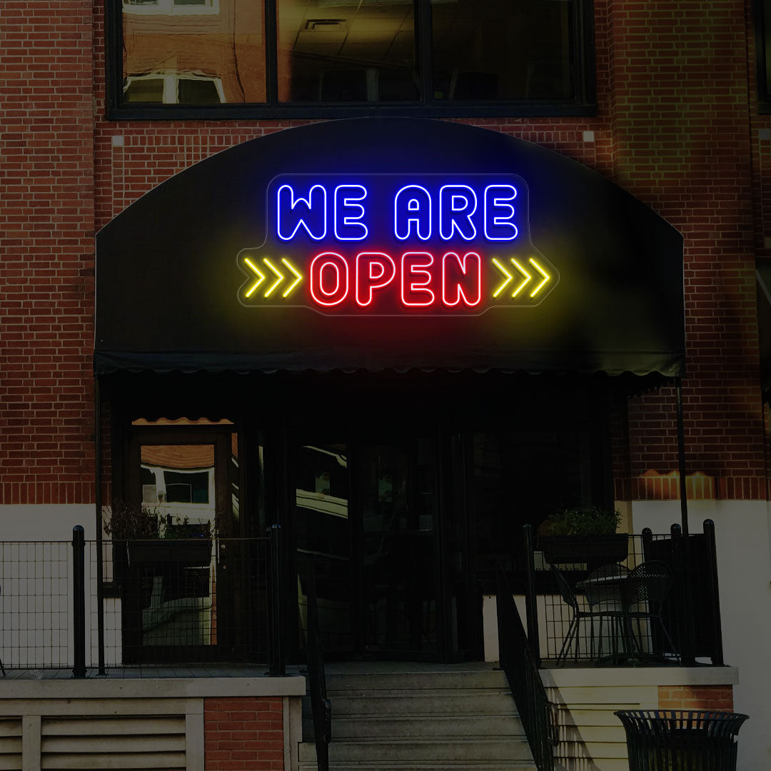 We Are Open Multicolor Sign with Horizontal Arrow image 1