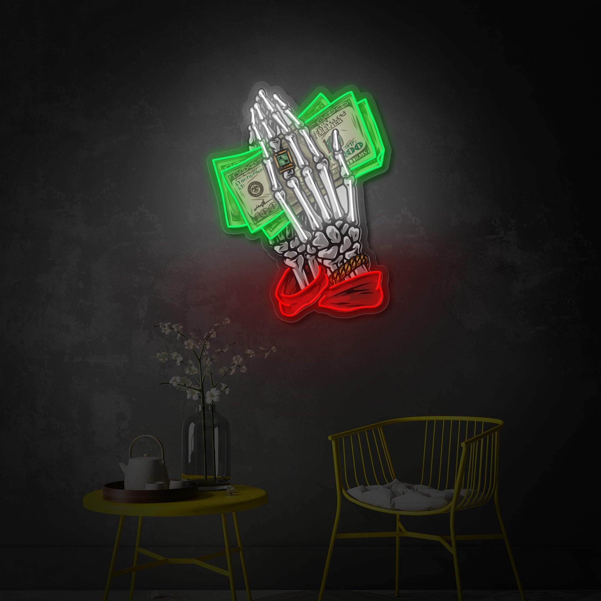 Money Skeleton Hands LED Neon Sign | Dollar Bills Wall Art