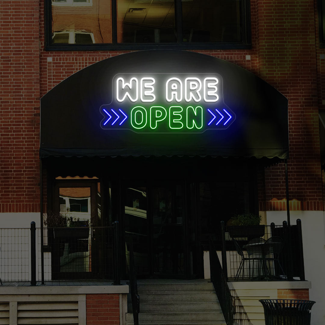 We Are Open Multicolor Sign with Horizontal Arrow image 0